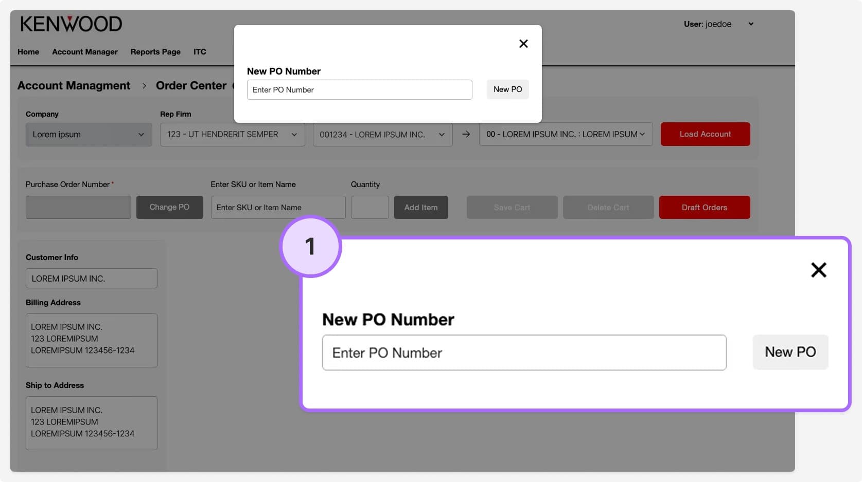 Screenshot of the Kenwood website: Step 1: New PO Number