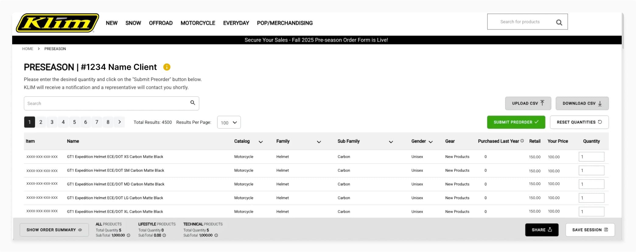 KLIM’s collaborative B2B order manager for the preseason: screenshot of the tool