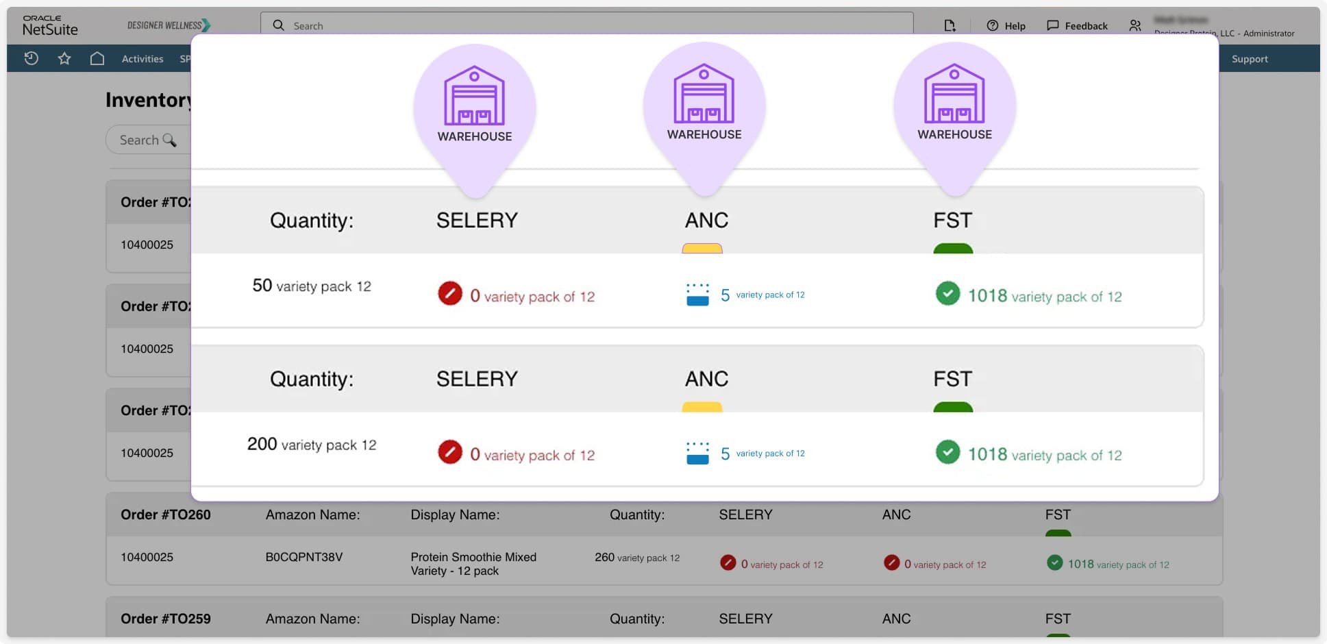 Screenshot of NetSuite interface in Inventory Dashboard: Distributes orders based on stock availability and location efficiency